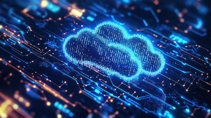 Wall Mural - a digital cloud icon on a blue and black circuit board background.