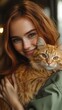 © Ibra - Redhead Woman Holding Ginger Cat, Affectionate Portrait
