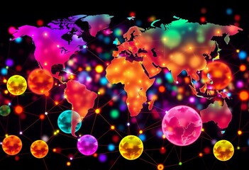 Wall Mural - Abstract network of colorful interconnected globes, forming a global map design,  background,  futuristic