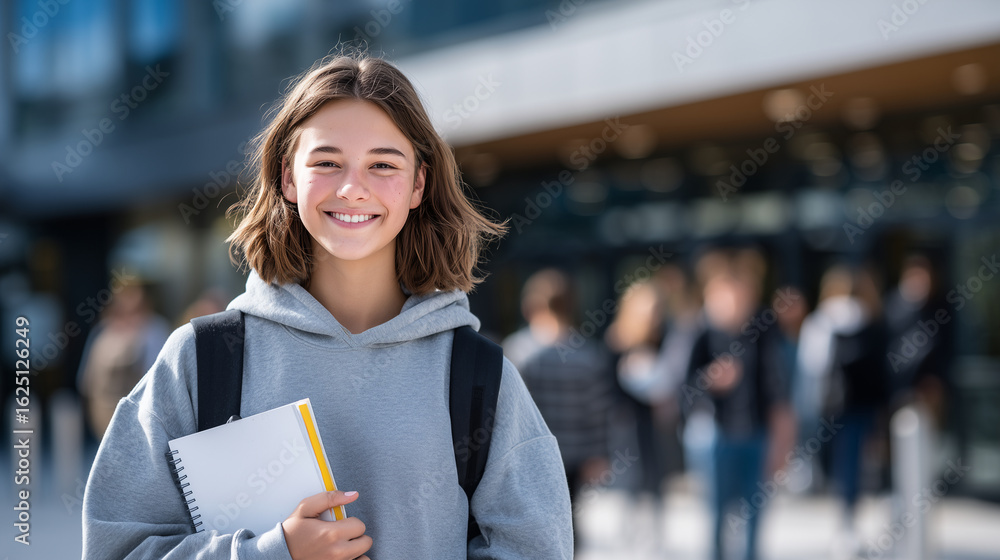 Teenage student smiles confidently while holding a book close to their ...