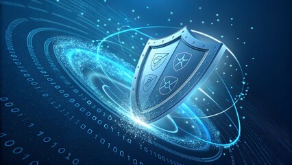 A conceptual representation of cybersecurity with a shield amidst binary code, signifying digital protection and technological security in a futuristic design.