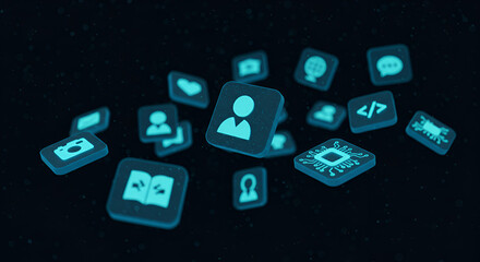 Glowing app icons, social media, and technology