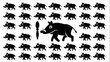 © VectorMonk - Illustration showing a group of cartoon boars with a spear like object in black and white colorscheme silhouette