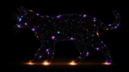 Wall Mural - cat walking through a galaxy of stars. the cat is lit up in a variety of colors, giving it a glowing