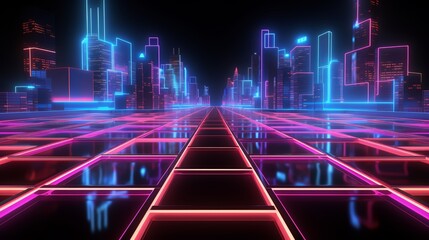 Wall Mural - cityscape with neon lights and buildings in the background. the city appears to be futuristic and vi