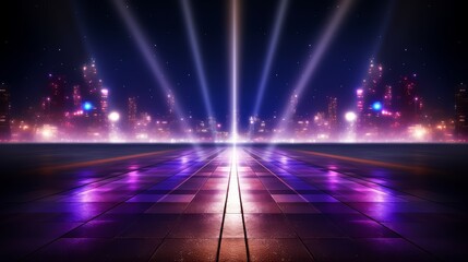 Wall Mural - cityscape with a long, wide road with a bright purple glow. the city is lit up with neon lights and 