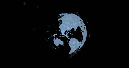 Sticker - rotating stylized globe glowing in dark digital void, with muted blue continents halftone texture