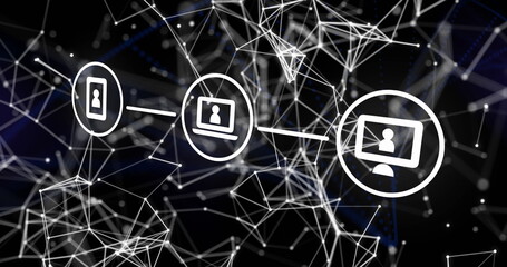 Wall Mural - Displaying digital network mesh in dark abstract scene, with mobile device, laptop, desktop monitor