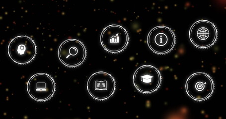 Sticker - floating nine icons displaying gear, magnifier, chart, info, globe, laptop and more in digital ui