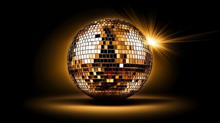 Wall Mural - Gold disco ball with a bright light shining on it. Scene is energetic and fun, as it is a representation of a party or celebration