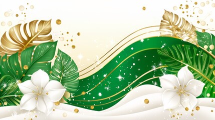 Wall Mural - green and white background with gold leafy plants and white flowers. the flowers are in the foregrou