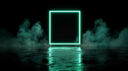 Wall Mural - green square is lit up in a dark room with smoke and water. the smoke and water create a mysterious 