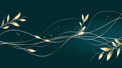 Wall Mural - long, curvy line of gold and green leaves. the leaves are gold and the background is blue