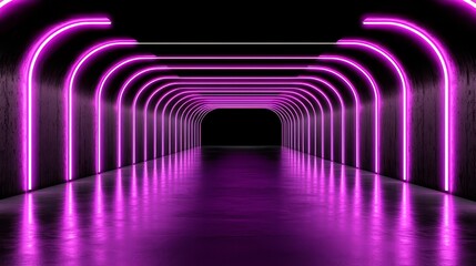 Wall Mural - narrow tunnel with purple lights. the tunnel is dark and empty. the lights are bright and colorful, 