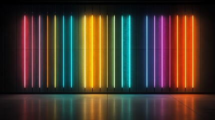 Wall Mural - wall of neon lights in a room. the lights are in a rainbow of colors. the wall is empty and the ligh