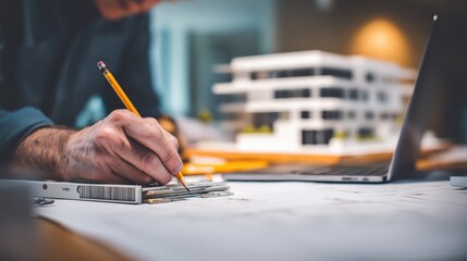 a designer sketches building plans while using a laptop, showcasing the blend of technology and crea