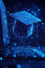 Wall Mural - digital learning concept featuring a computer and a neon graduation cap