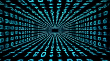 Dynamic binary code tunnel animation with glowing blue digits for technology, data security, and programming visuals