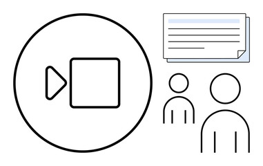 Wall Mural - camera icon, two users, and digital document outline concept of video meeting, collaboration, and re