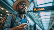 © komgritch - A traveler with a beard and glasses holds a passport in an airport, under an 'Arrivals' sign, ready to begin an adventure.