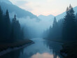 © MediaPro - Brume matinale sur une rivière paisible entourée de montagnes et de forêts de conifères majestueux