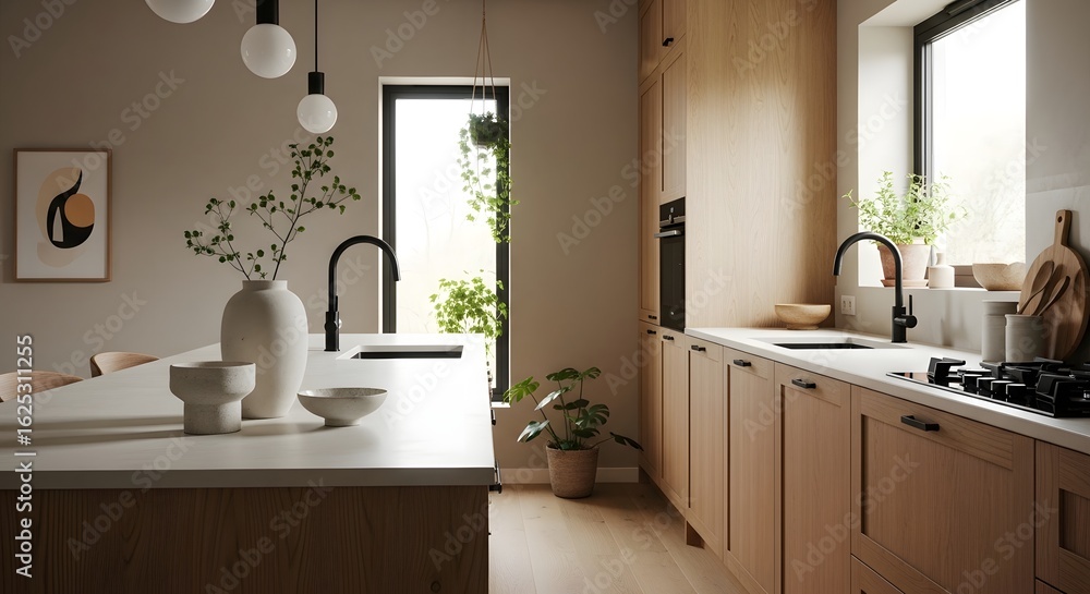A modern kitchen with a white countertop island and light wood cabinets ...
