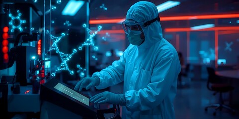 Futuristic Interior Laboratory Scientist Working with Technology and Modern Equipment