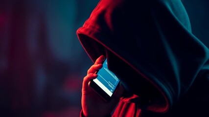 Unidentified hacker uses cell phone to execute online crime, highlighting network security issues. Hacker is concealed in dark attire while communicating through smartphone.