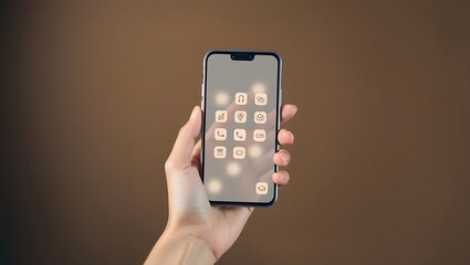 A hand holding a smartphone displaying a custom icon layout against a brown background scene setup