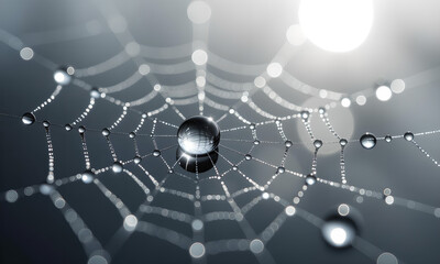 Delicate spiderweb with dewdrops glistening in morning light, macro photography