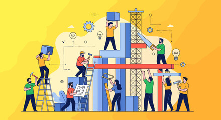 Collaborative Team Builds Tower Symbolizing Innovation, Progress and Development in a Dynamic and Creative Workplace