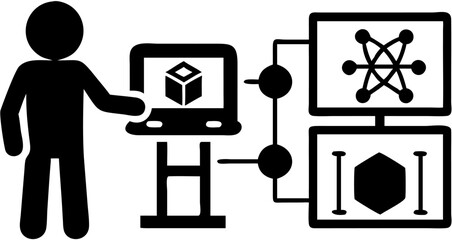 Person interacting with a computer displaying a cube and connected to two monitors with diagrams silhouette