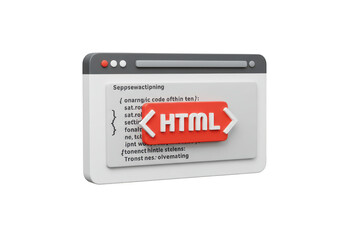 photo of a 3d render of a browser window displaying html code isolated on transparent background