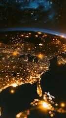 Wall Mural - A close up of the Earth at night with the lights of the United States and Europe visible. The lights are scattered all over the planet