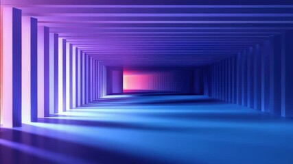 Wall Mural - A long blue hallway with purple and orange lights. The walls are made of concrete. There is a doorway in the middle of the hallway