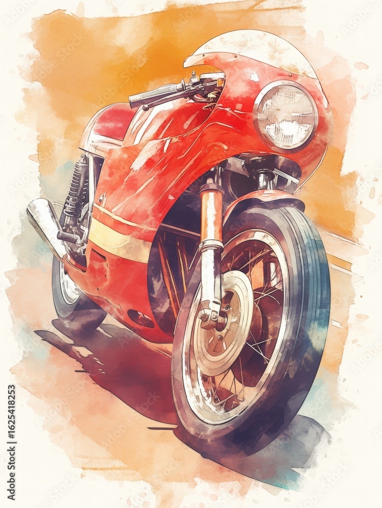 A striking red vintage motorcycle stands on a city street illuminated by sunset hues. The bike showcases classic lines and shiny details that reflect its timeless charm and craftsmanship.