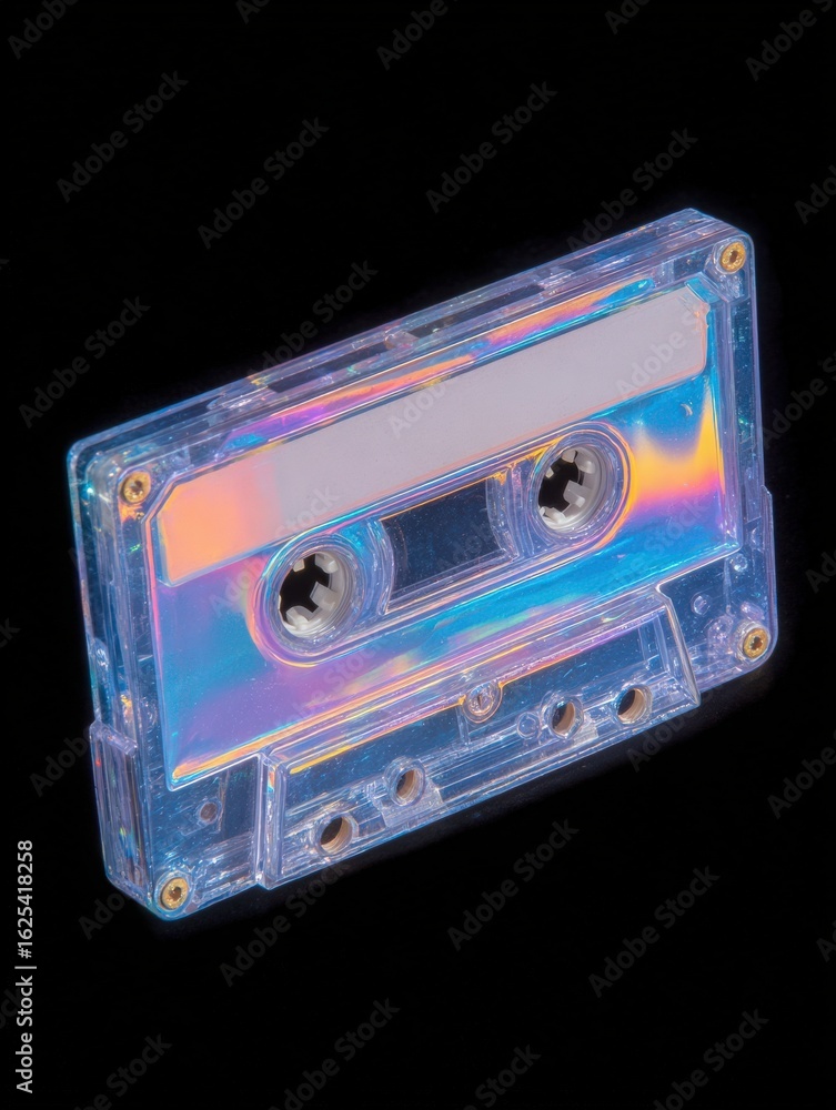 The transparent cassette tape displays an iridescent finish reflecting various colors. Its vintage design features exposed reels, highlighting the nostalgic charm of analog audio.