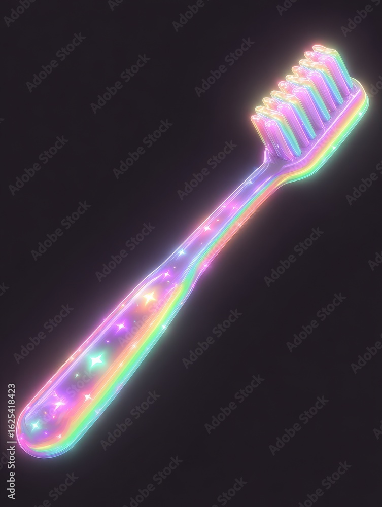 A toothbrush glows with vibrant rainbow colors and sparkling stars against a deep black background. The unique design showcases a fun and artistic approach to oral hygiene essentials.
