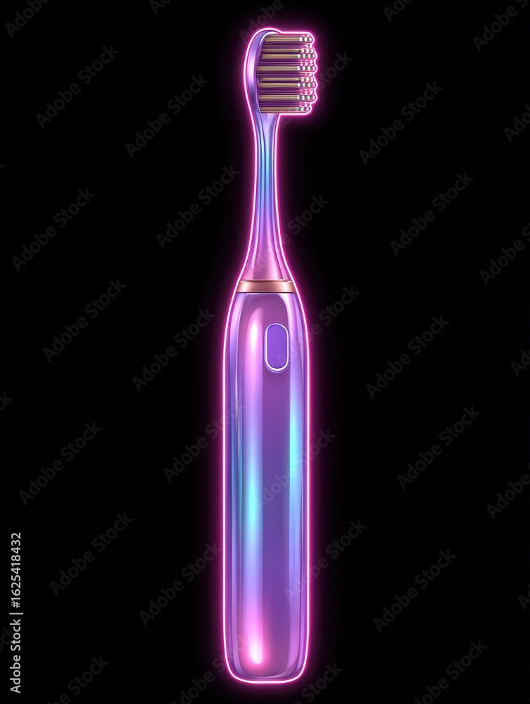 A sleek electric toothbrush glows with vibrant neon colors against a dark background. Its advanced design features a textured brush head and a modern handle, showcasing innovation in oral care.