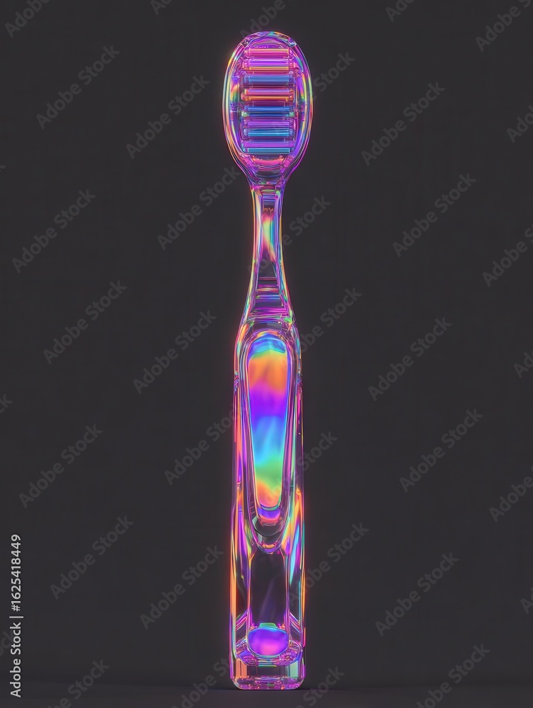 A unique toothbrush stands upright against a dark background, gleaming with vibrant iridescent colors. Its sleek design highlights both innovation and creativity in personal care products.