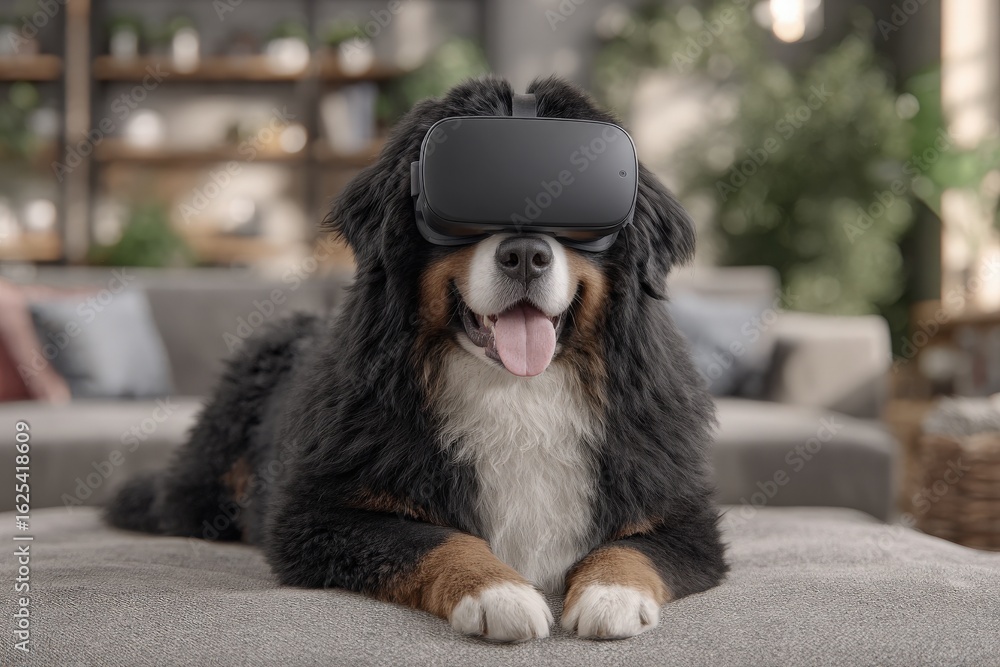 A Bernese Mountain Dog lies comfortably on a soft surface, wearing a virtual reality headset with a relaxed expression. The cozy indoor setting includes blurred background furnishings and greenery.