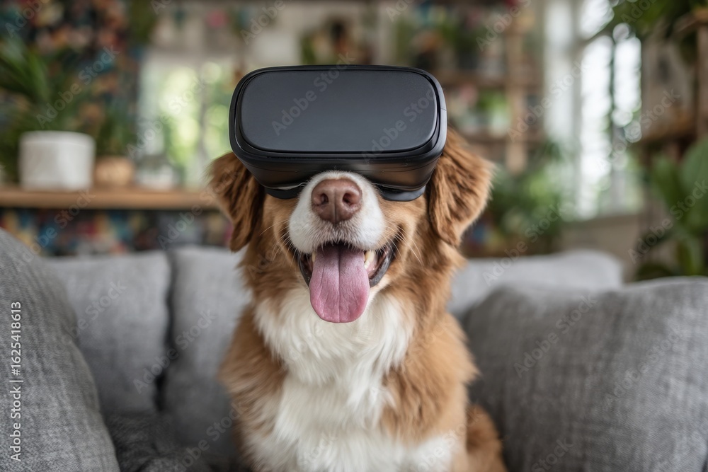 A happy dog sits on a gray couch wearing a virtual reality headset, surrounded by indoor plants and a warm, inviting atmosphere, showcasing a unique moment of playful technology use.