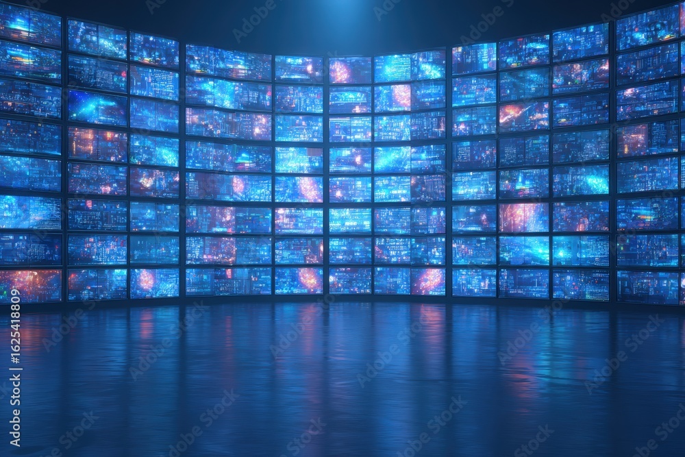A curved array of numerous screens displays vibrant digital data patterns in shades of blue and purple.