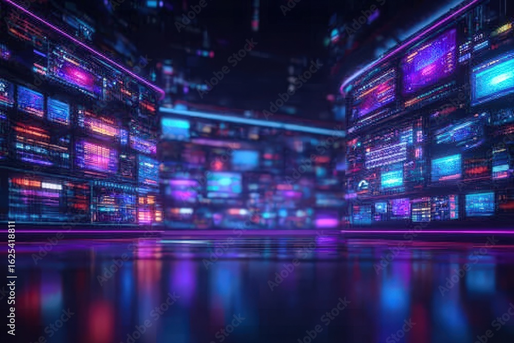 A futuristic space filled with numerous glowing screens displaying various data and visuals. The environment features vibrant blue and pink hues, creating a mesmerizing digital landscape.