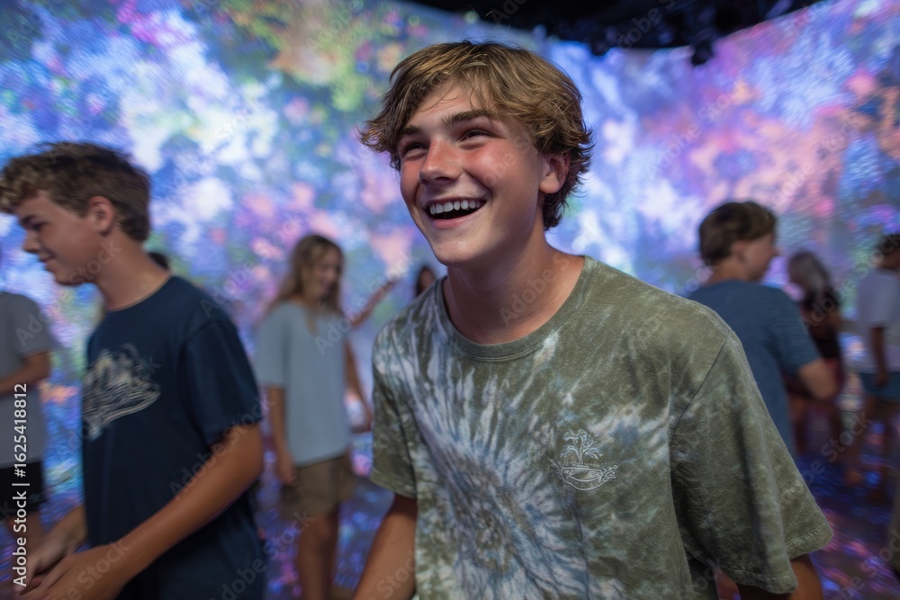 Young people explore a mesmerizing interactive art installation, surrounded by colorful projections and vibrant patterns. They share smiles and laughter in a lively atmosphere filled with creativity.