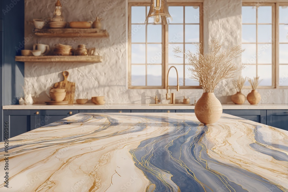 A contemporary kitchen features a striking blue and gold marble countertop with a simple vase holding dried flowers. Sunlight pours in through a large window, casting a warm glow on the stylish decor.