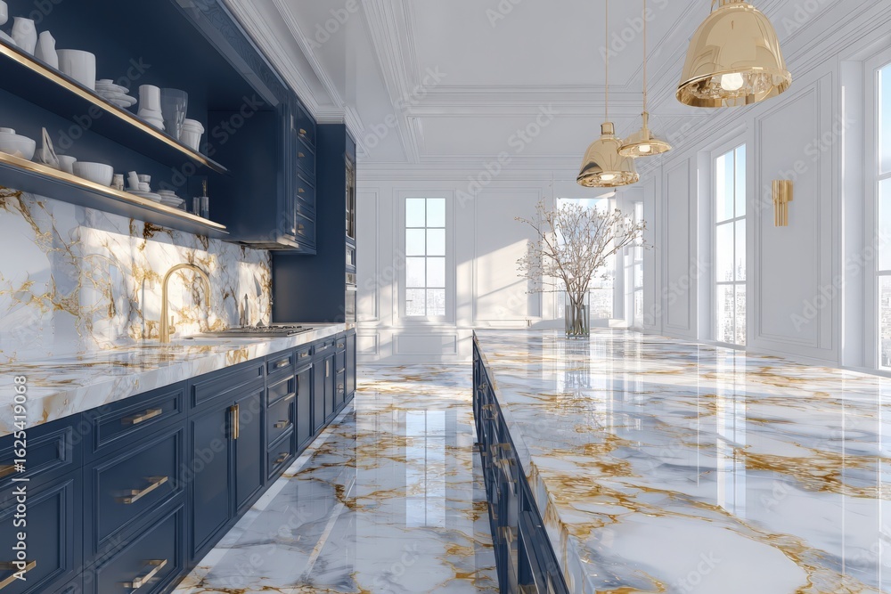 This modern kitchen features a sleek design with blue cabinetry and stunning marble countertops adorned with golden veins. Large windows flood the space with natural light.