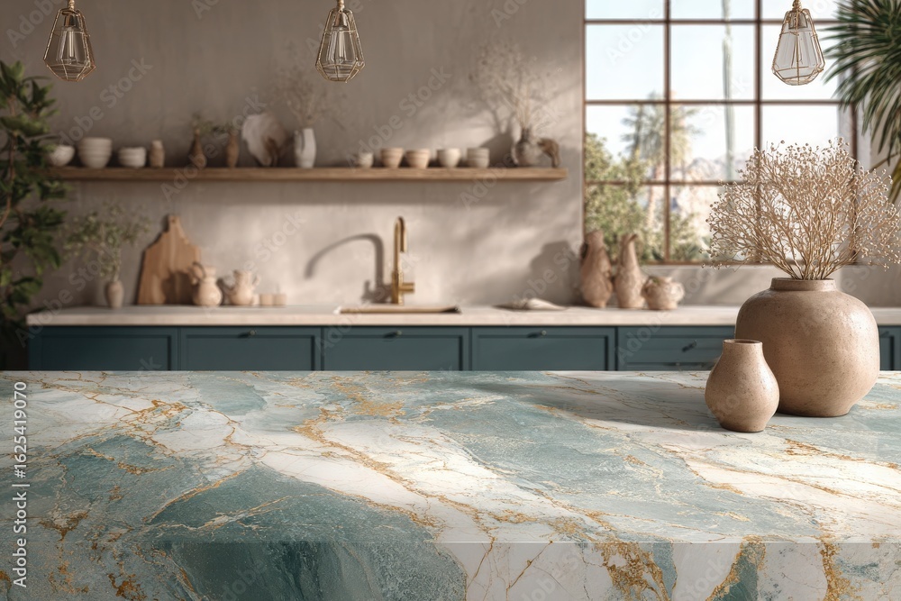 A contemporary kitchen features a striking marble countertop with teal and gold veins. Natural light pours in through large windows, highlighting decorative pottery and minimalistic decor.