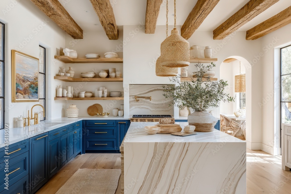 Spacious kitchen blends blue cabinetry with natural wood beams and decorative elements. Sunshine streams in, highlighting the inviting atmosphere and unique design choices of the space.