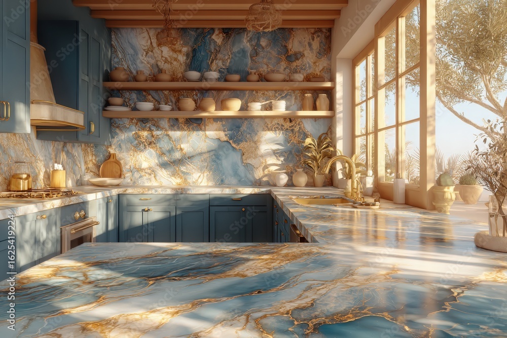 A modern kitchen showcases stunning blue marble countertops and walls adorned with elegant shelves. Natural light floods the space, highlighting the carefully arranged decor and greenery.